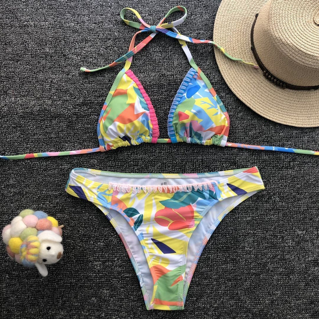 Color Block Triangle Halter Top Bikini Set - Yosummer