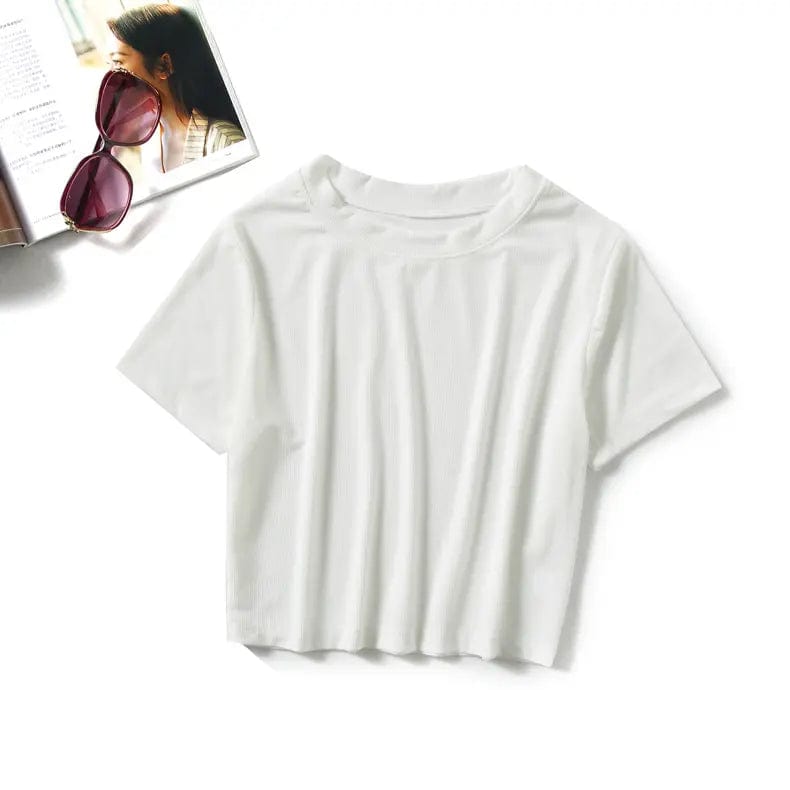 Ice Silk Crop Top Solid O - Neck Short Sleeve Boxy Tee - Yosummer