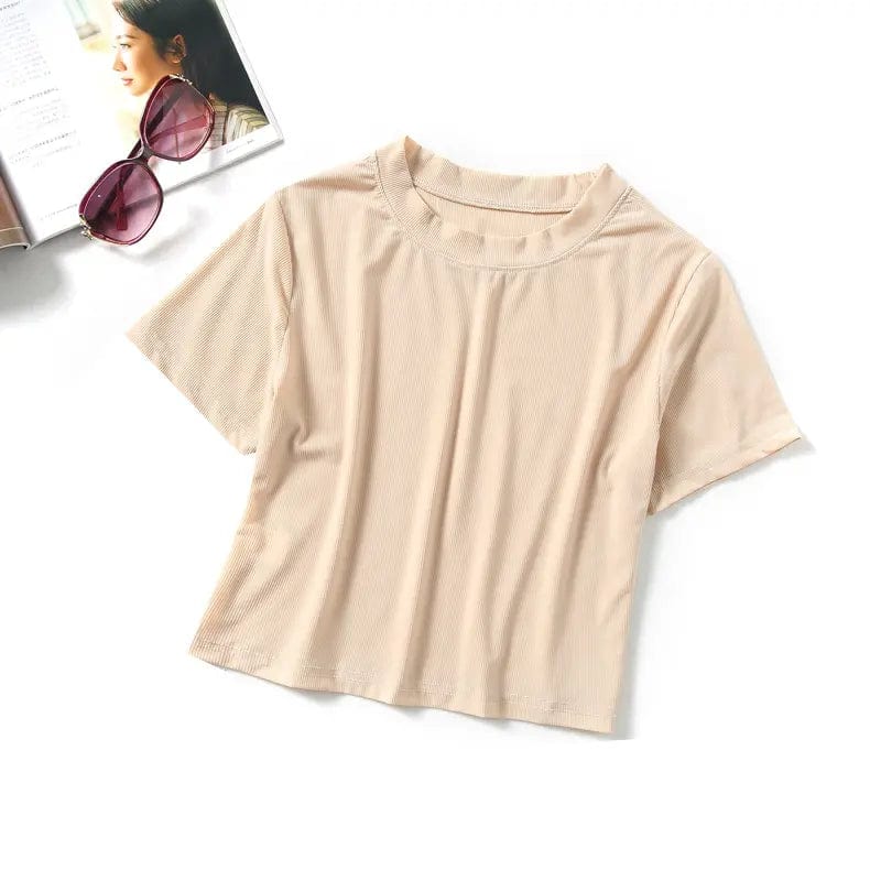 Ice Silk Crop Top Solid O - Neck Short Sleeve Boxy Tee - Yosummer