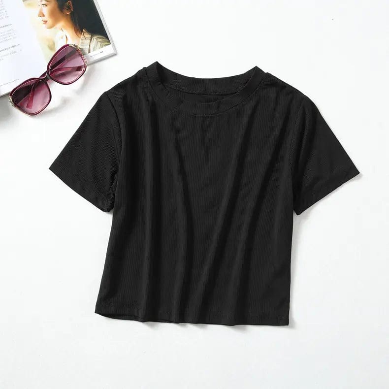 Ice Silk Crop Top Solid O - Neck Short Sleeve Boxy Tee - Yosummer