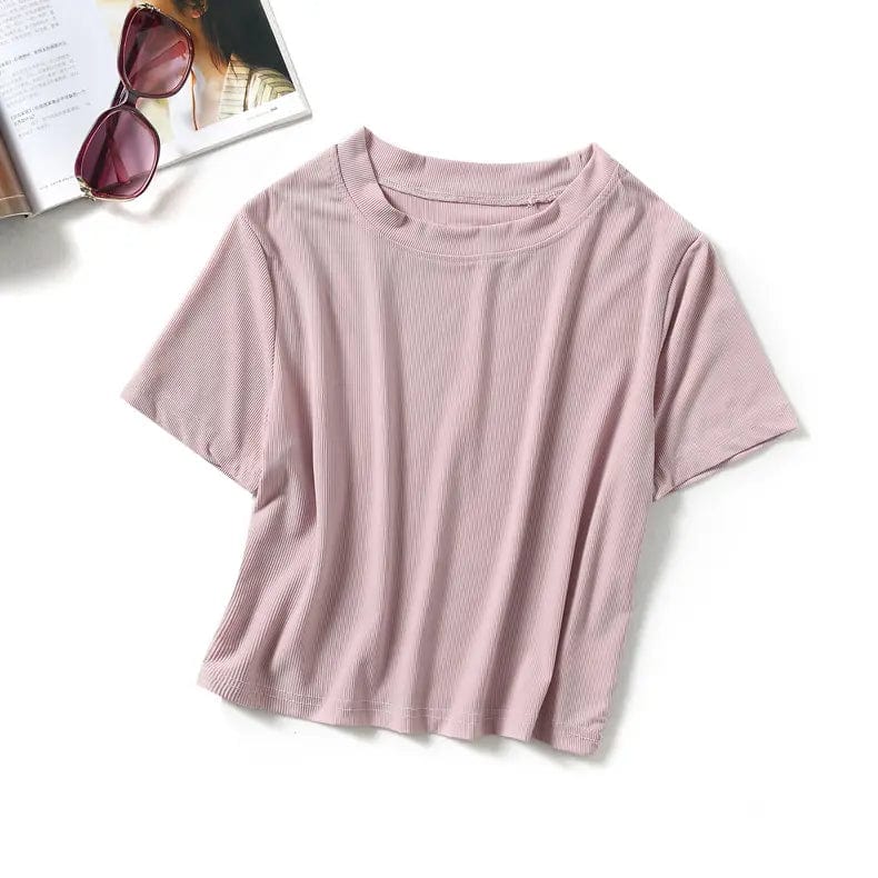 Ice Silk Crop Top Solid O - Neck Short Sleeve Boxy Tee - Yosummer