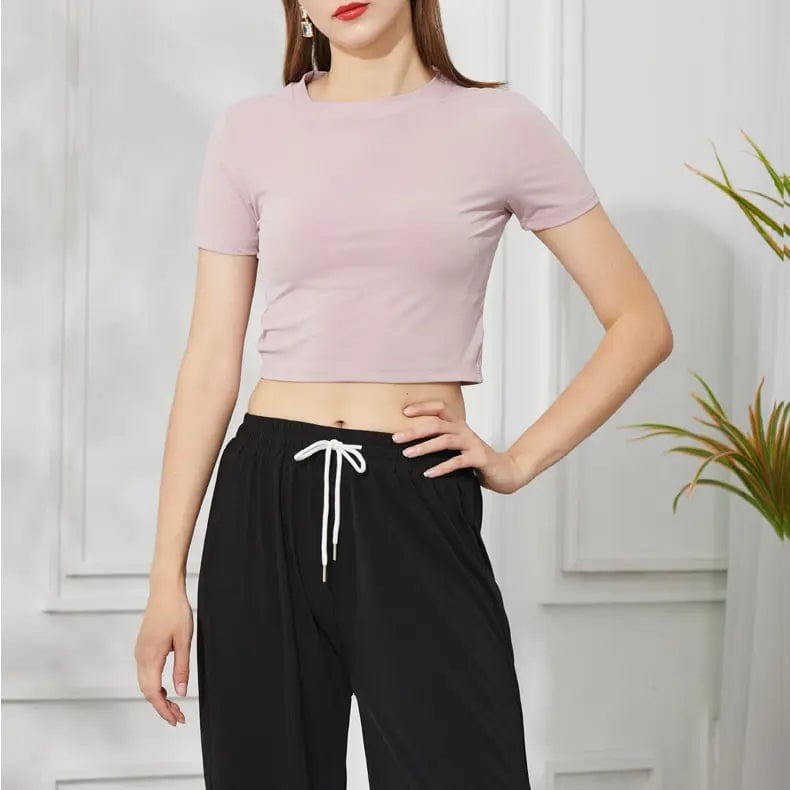 Ice Silk Crop Top Solid O - Neck Short Sleeve Boxy Tee - Yosummer