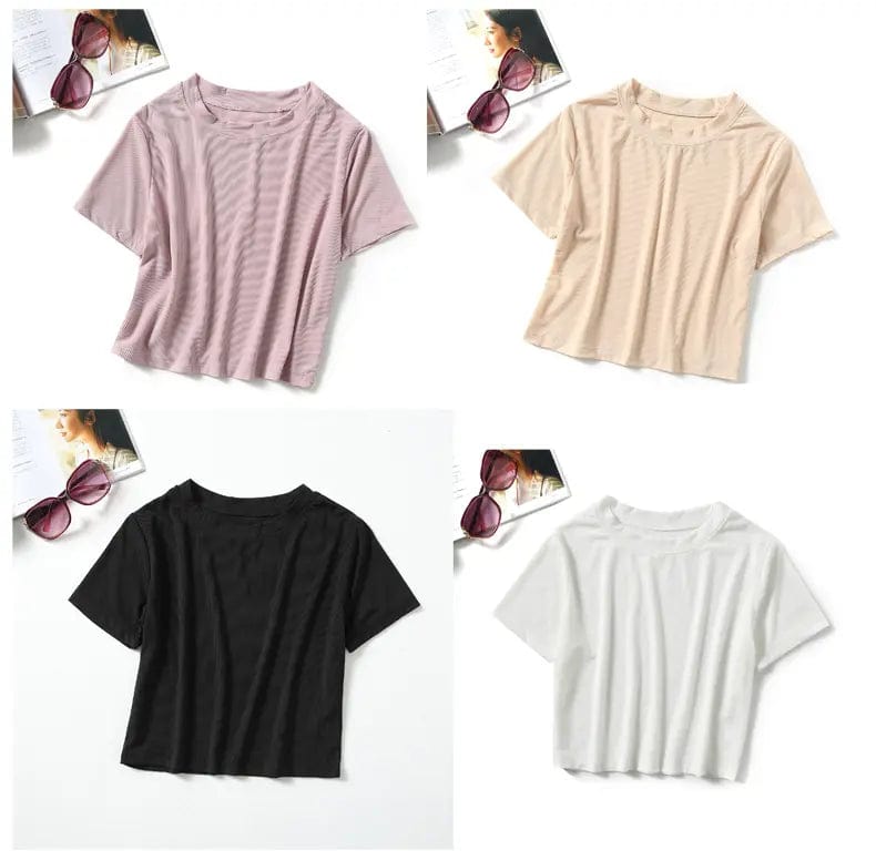 Ice Silk Crop Top Solid O - Neck Short Sleeve Boxy Tee - Yosummer