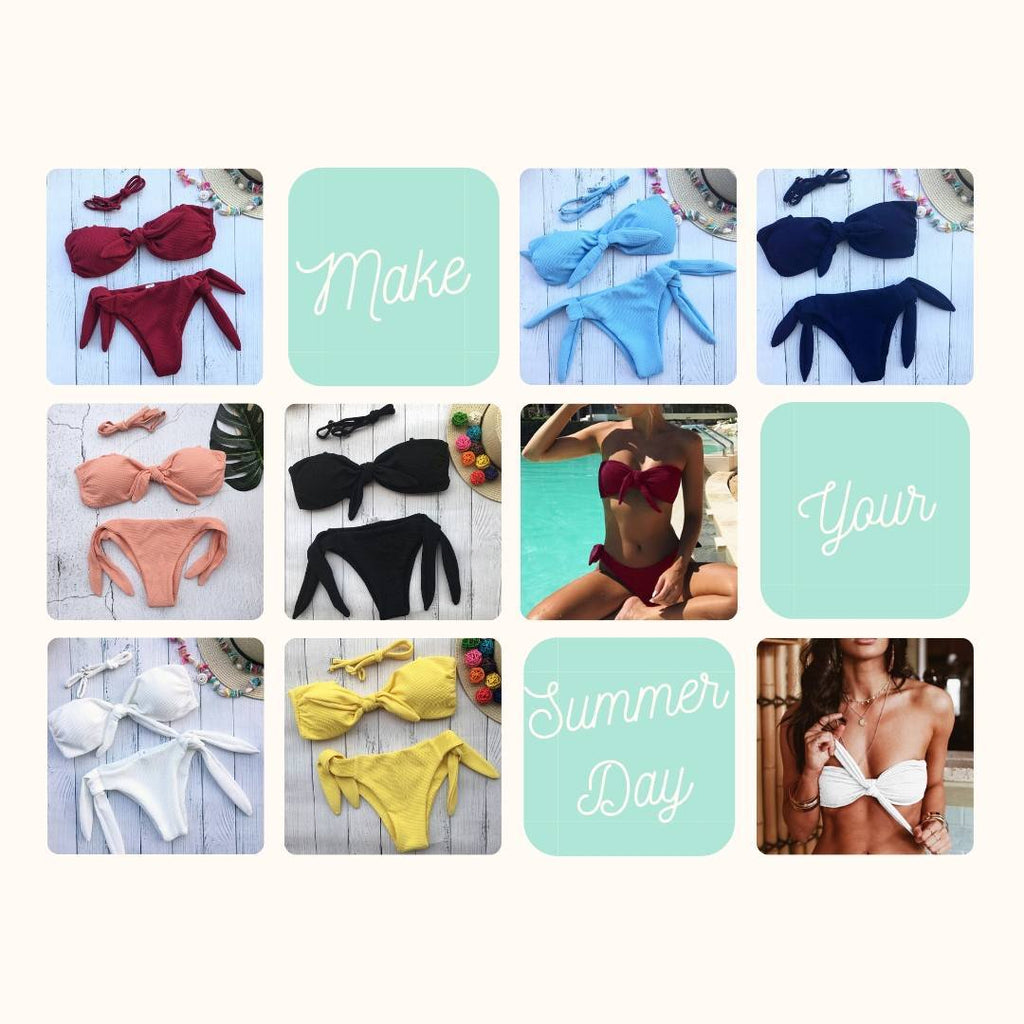 Knot Front and Sides Bandeau Bikini Swimsuit - Yosummer