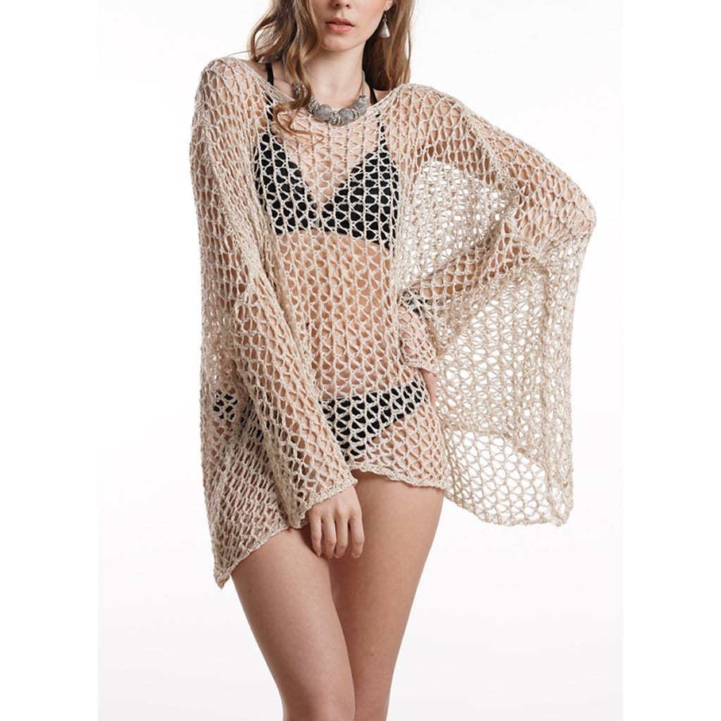 Drop Shoulder Side High Low Hem Sheer Eyelet Crochet Cover Up without Bikini