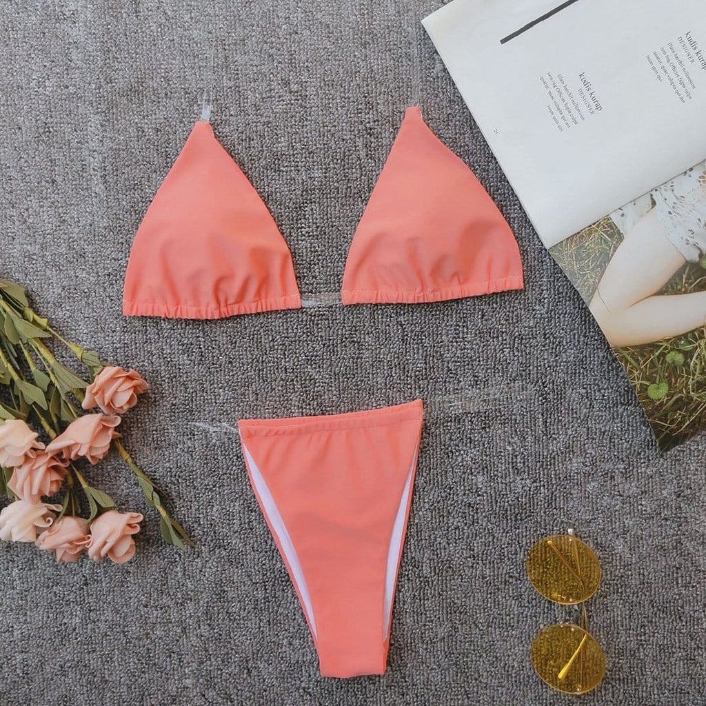 Glassy Silicon Rubber Strips Triangle Tanga Bikini Set
