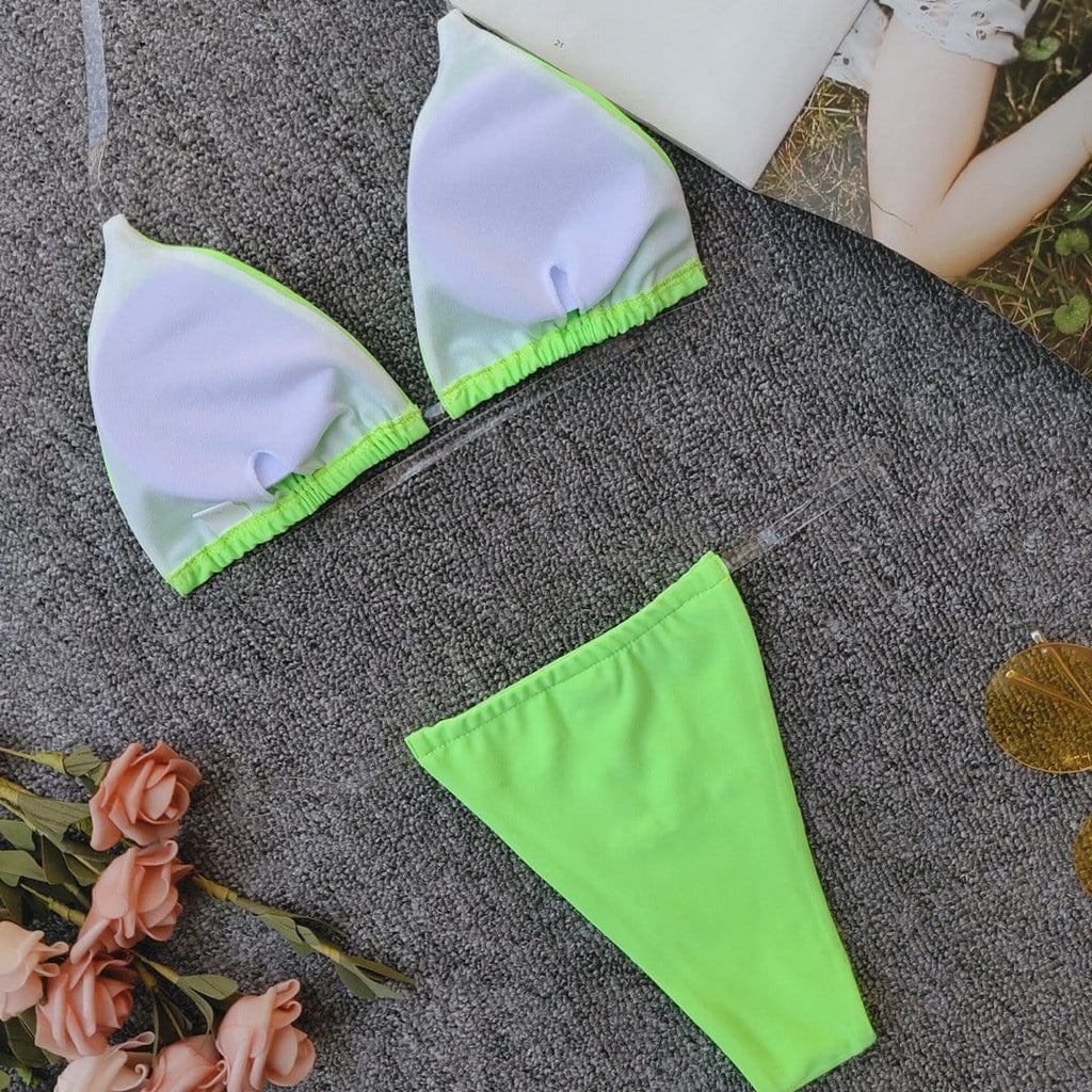 Glassy Silicon Rubber Strips Triangle Tanga Bikini Set