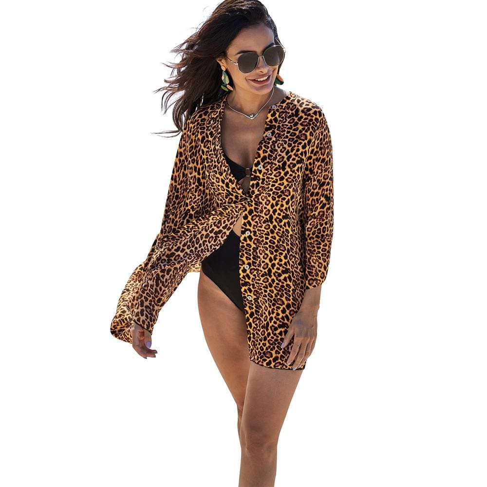 Leopard Pattern Chiffon V Neck Swimsuit Cover Up