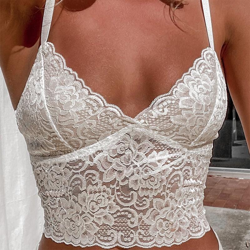 Scalloped White Lace V Neck Crop Top